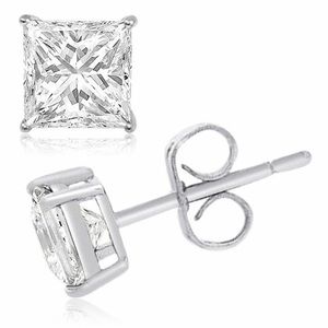 Renaissance 14k White Gold  Princess Cut CZ Studs